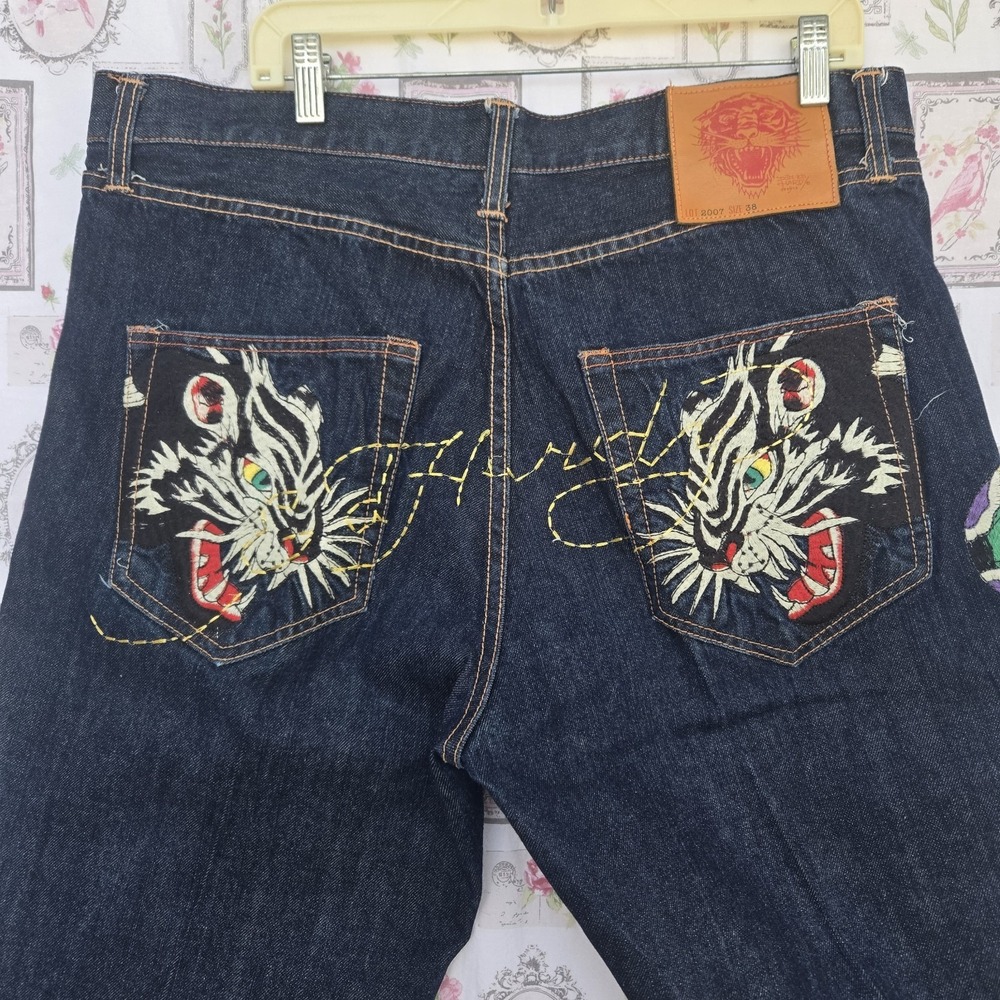VTG Ed Hardy Christian Audigier Tiger Embroidered Baggy‎ Denim Jeans Mens 38x34